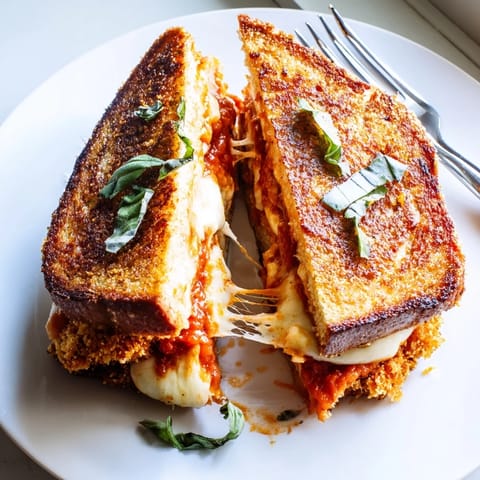A close-up of a Chicken Parm Grilled Cheese sandwich cut in half, revealing layers of zesty marinara sauce, gooey mozzarella, and juicy chicken.  