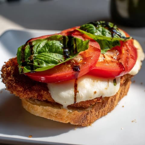 Golden, breaded chicken cutlets topped with melted mozzarella on a toasted ciabatta roll, layered with fresh basil and ripe tomato slices.