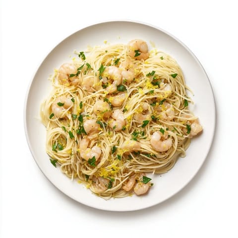 Plump, pink shrimp rest on a bed of delicate angel hair pasta tossed in a glistening lemon garlic butter sauce, garnished with fresh parsley.  