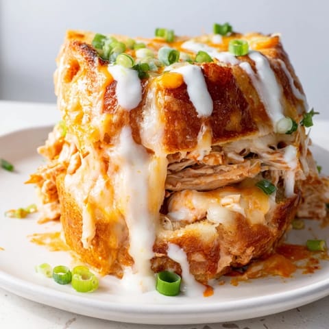 A close-up of a Buffalo Chicken Ranch Grilled Cheese on a wooden board, steam rising from the melted cheese and spicy filling.