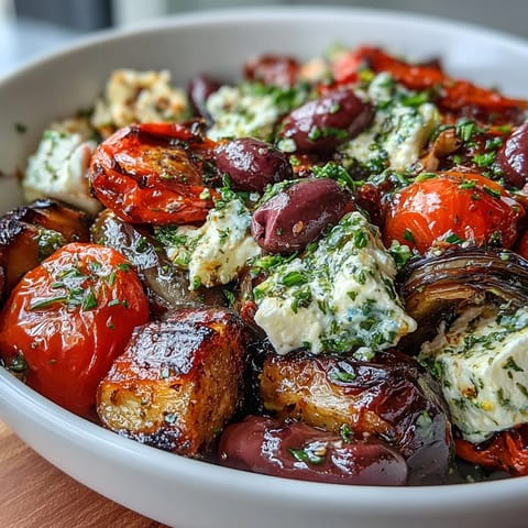 Colorful Roasted Greek Salad served on a platter with cucumber, parsley, and a drizzle of lemon-oregano dressing. 