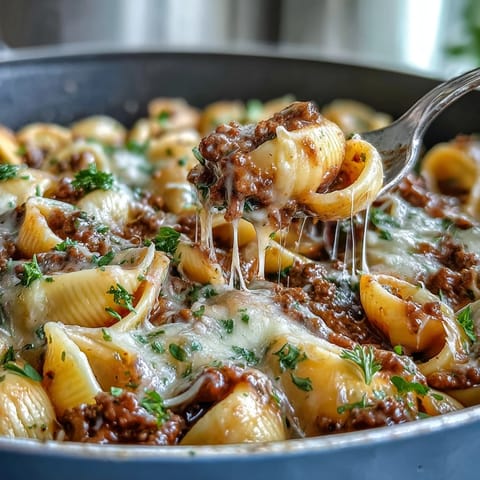 One Pot Creamy Beef and Shells, a cheesy, hearty meal, perfectly cooked.