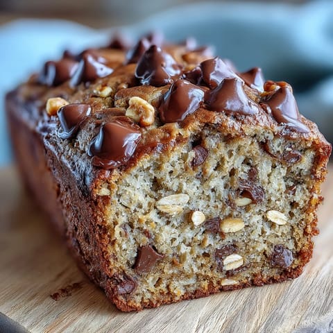Moist chocolate chip peanut butter oatmeal banana bread loaf, studded with melty chips.
