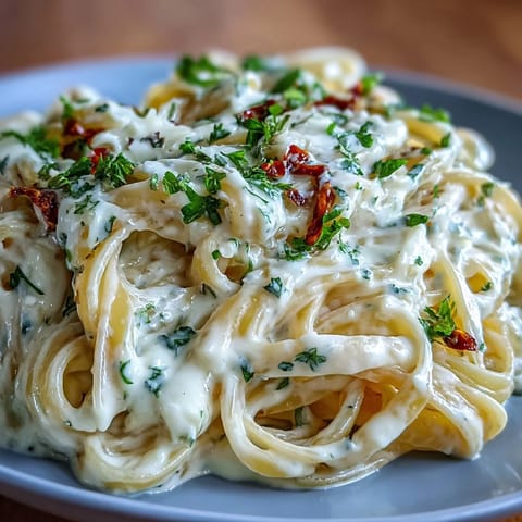 A close-up of silky pasta drenched in velvety cauliflower Alfredo, served hot as a comforting vegetarian main dish.  