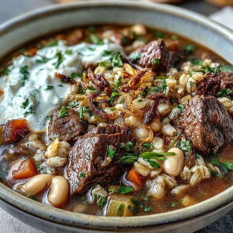 Beef Barley Soup simmering in a pot with tender beef chunks, pearl barley, lentils, carrots, celery, and fresh cilantro and parsley.