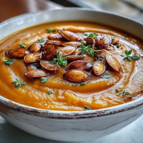 Vibrant orange butternut squash soup simmering in a pot, warmly spiced with cinnamon and nutmeg for a comforting autumn meal.  