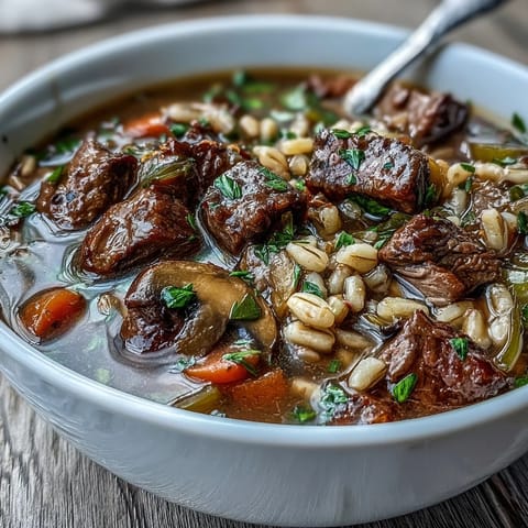 Steaming bowl of hearty Beef and Barley Soup with tender beef chunks and root vegetables.