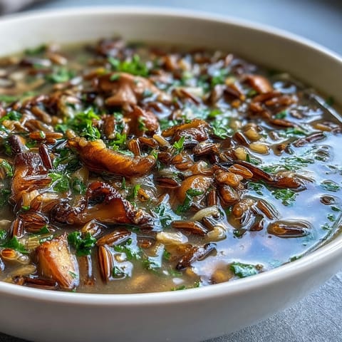 A spoon dipping into a rich bowl of Wild Rice Mushroom Soup, showcasing tender wild mushrooms and nutty rice in a velvety broth.
