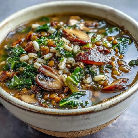 A steaming bowl of Double Lentil and Mushroom Barley Soup served with crusty bread, featuring red lentils and carrots.