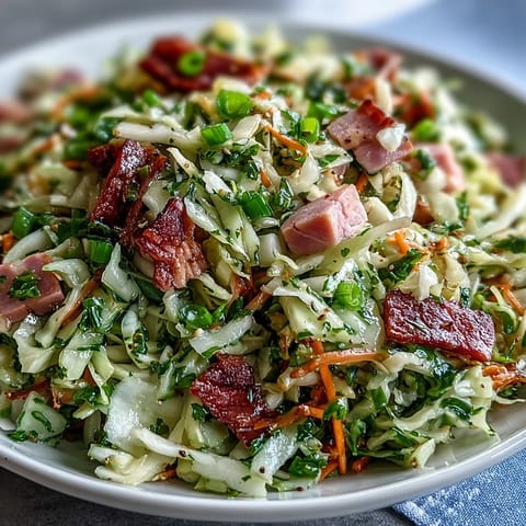 Freshly tossed German Cabbage Coleslaw With Shredded Ham features crisp green and red cabbage, shredded carrots, and savory smoked ham tossed in a tangy apple cider vinegar dressing.