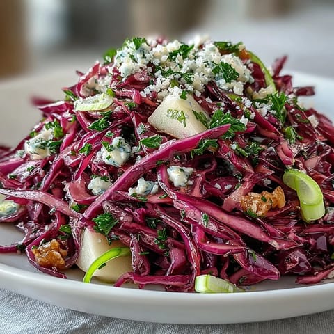 Vibrant Red Cabbage Coleslaw With Apple and Parmesan, featuring crisp cabbage, sweet apple, and salty Parmesan shavings on a serving platter.  