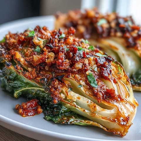 Golden roasted cabbage wedges glazed with olive oil and piled high on a platter with vibrant Baked Cabbage Salad With Winter Romesco.