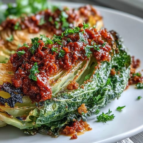 Charred edges on cabbage wedges glisten beside a bowl of bold romesco sauce for Baked Cabbage Salad With Winter Romesco.