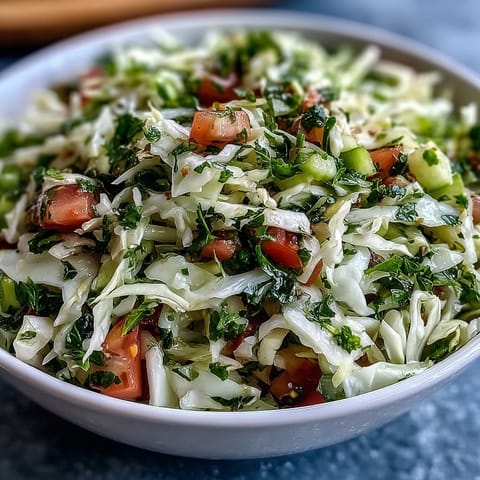 A close-up of the refreshing Lebanese Cabbage Salad, featuring crisp textures and fresh herbs, perfect as a light vegan side or main course.