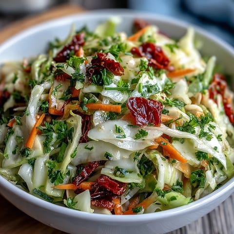 A vibrant bowl of Cabbage Salad With Sundried Tomatoes, featuring crisp red and green cabbage ribbons, julienned carrots, and sweet sun-dried tomatoes tossed in a fragrant herby dressing.
