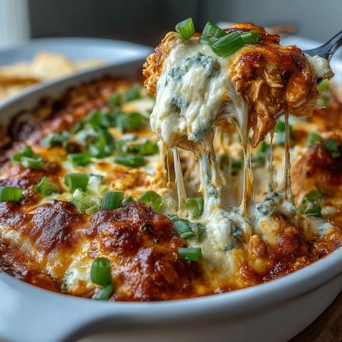 Golden Buffalo Chicken Dip bubbly with melted cheddar and tangy red sauce, served hot with crisp celery sticks on the side.  