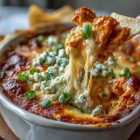 Freshly baked Buffalo Chicken Dip in a white dish, garnished with green onions and paired with sturdy tortilla chips for scooping.  