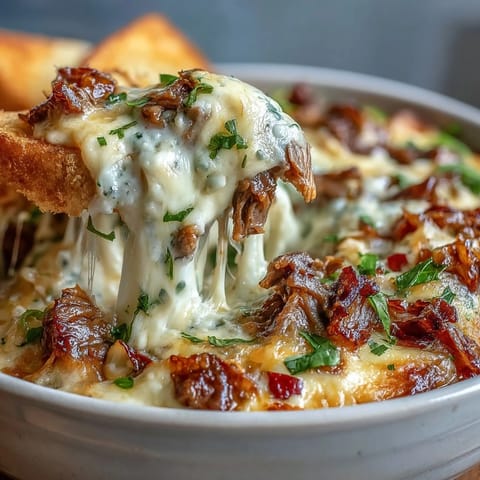 An inviting photo shows Philly Cheesesteak Dip made with shaved ribeye, sautéed peppers, onions, and creamy cheese, ready for dipping.  