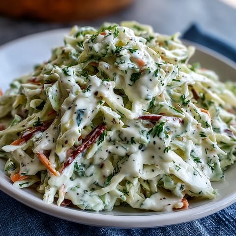 Homemade creamy coleslaw piled high in a glass serving bowl, garnished with celery seed for a classic picnic side.
