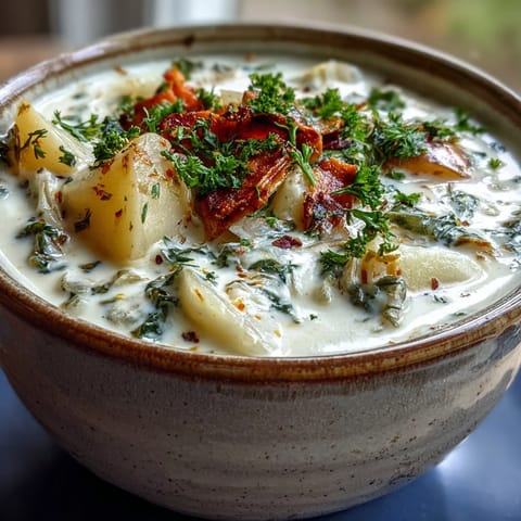 A spoon dips into the velvety Creamy Potato Soup with Cabbage, revealing tender potatoes, carrots, and shredded greens.