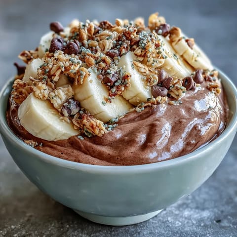 A thick and creamy chocolate peanut butter smoothie bowl garnished with crunchy toppings and a drizzle of maple syrup.
