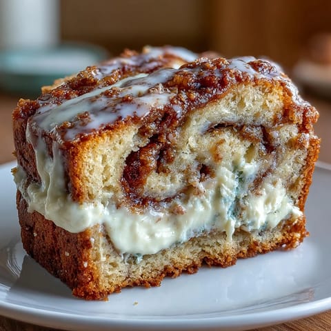 A thick slice of Cream Cheese Cinnamon Swirl Banana Bread reveals a rich, white cream cheese filling and sweet cinnamon ribbon. 