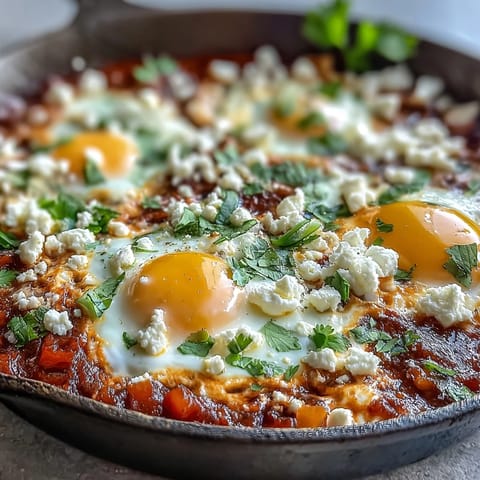 Shakshuka Bowl featuring vibrant tomato sauce, runny egg yolks, cilantro garnish, and crumbled feta cheese, perfect for a cozy vegetarian meal.