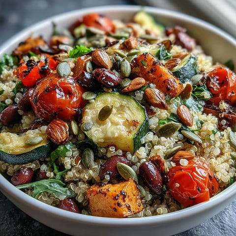 Fluffy quinoa topped with roasted vegetables, black beans, and crunchy almonds on this vibrant Veggie and Quinoa Power Bowl.