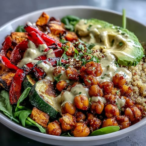 A vibrant Roasted Chickpea Power Bowl with crispy chickpeas, roasted sweet potatoes, and fresh avocado on a bed of greens.