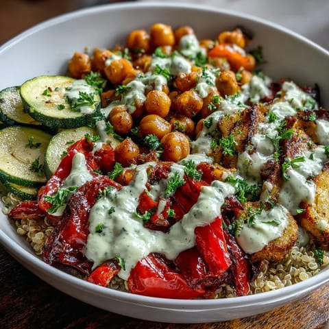 Overhead view of a freshly assembled Chickpea Power Bowl featuring crispy chickpeas, sweet potatoes, and avocado slices on fluffy grains.