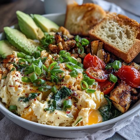 Fluffy scrambled eggs with melted cheddar and vibrant veggies in a hearty Scrambled Egg and Veggie Bowl, perfect for a quick American breakfast.