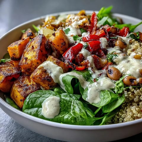 A vibrant bowl featuring seasoned black-eyed peas, sliced avocado, and baby greens, served as a wholesome plant-based meal with colorful roasted veggies.