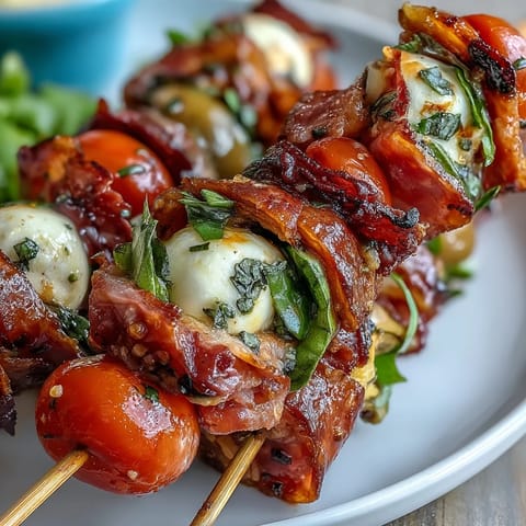 Italian sub skewers with colorful layers of meat, cheese, and veggies served with creamy homemade aioli.  