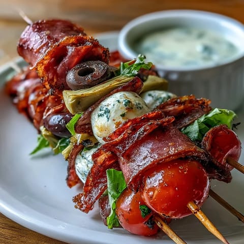 Picnic-ready Italian sub skewers featuring savory meats, mozzarella, and fresh vegetables with zesty aioli for dipping.  