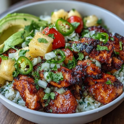 A colorful chicken pineapple taco bowl with coconut rice, juicy pineapple salsa, and creamy avocado slices.  