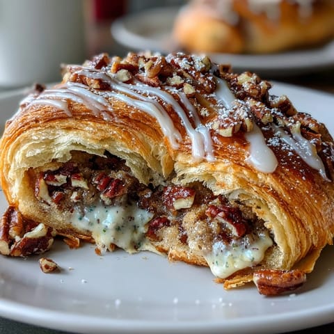 Golden-brown croissants filled with rich, spiced pecan cream, drizzled with vanilla icing and Mardi Gras-colored sugars.