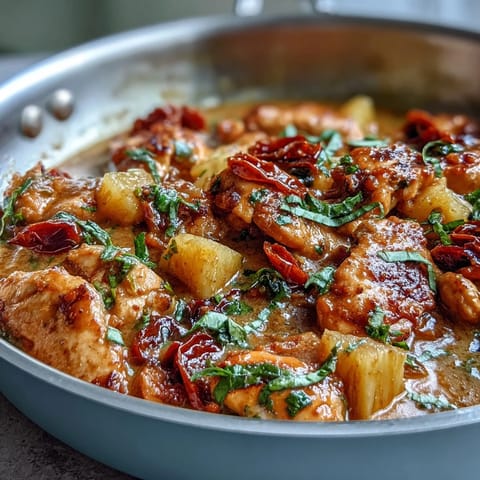 Aromatic Thai-inspired curry featuring juicy chicken, bell peppers, and pineapple in a rich coconut sauce.  