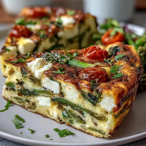 Spring Veggie Frittata with Asparagus and Goat Cheese, loaded with fresh spring vegetables and creamy goat cheese, baked until golden and fluffy.