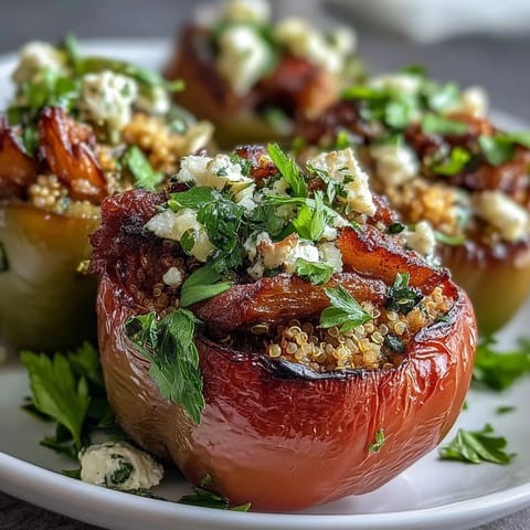 Colorful stuffed bell peppers with quinoa, herbs, and vegetables baked to tender perfection for a healthy spring dinner.