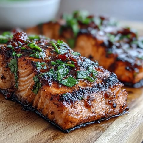 A fresh, colorful dish of grilled salmon paired with zesty strawberry salsa, perfect for a light spring meal.  