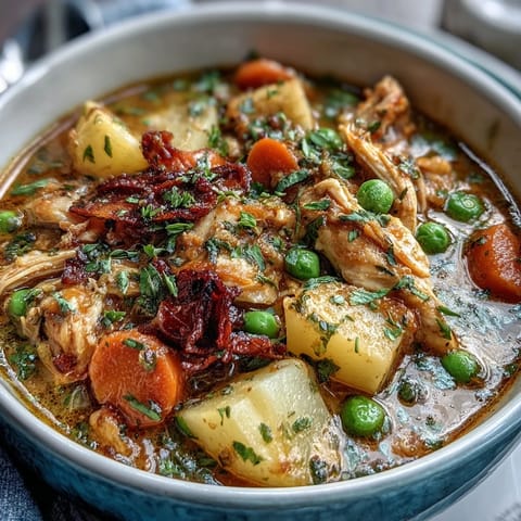 Slow Cooker Chicken Pot Pie Soup with tender chicken and vegetables in a creamy broth.