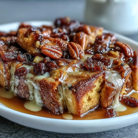Easy Capirotada with Cinnamon, Piloncillo, and Raisins, a warm Mexican bread pudding layered with toasted bread, sweet syrup, and melty cheese, served in a rustic baking dish.