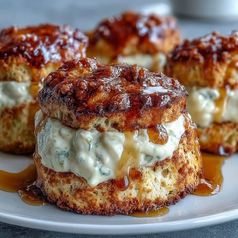 Golden dandelion honey scones served with a dollop of clotted cream and a drizzle of honey, perfect for a cozy afternoon tea.