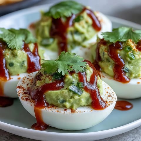 Creamy avocado deviled eggs with a spicy Sriracha drizzle, garnished with fresh cilantro and paprika.