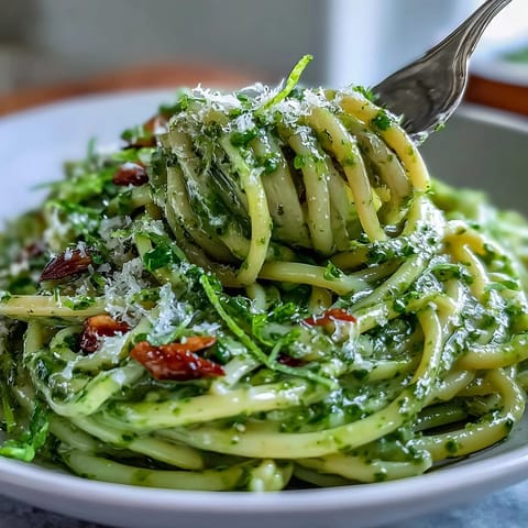 Vibrant Creamy Avocado Pesto Pasta dish, no-cook sauce glistening on perfectly cooked linguine.