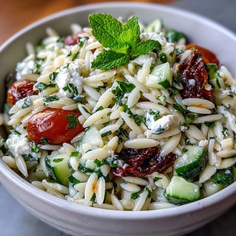 Refreshing orzo salad with cucumber and feta, perfect for a light lunch.