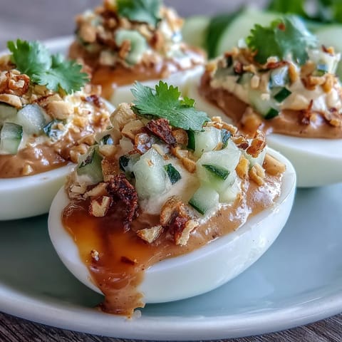 Vibrant Thai Peanut Deviled Eggs appetizer topped with cucumber relish and peanuts.