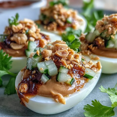 Close-up of Thai Peanut Deviled Eggs, creamy filling, fresh relish.
