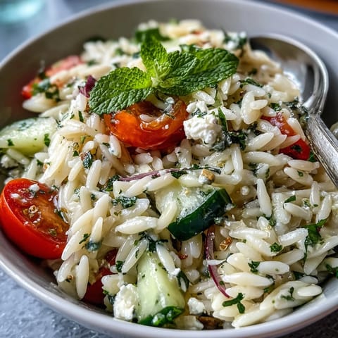 Vibrant orzo salad bursting with fresh cucumber, feta, and zesty lemon.