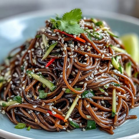 Vibrant cold soba noodle salad with crisp vegetables and ginger dressing.